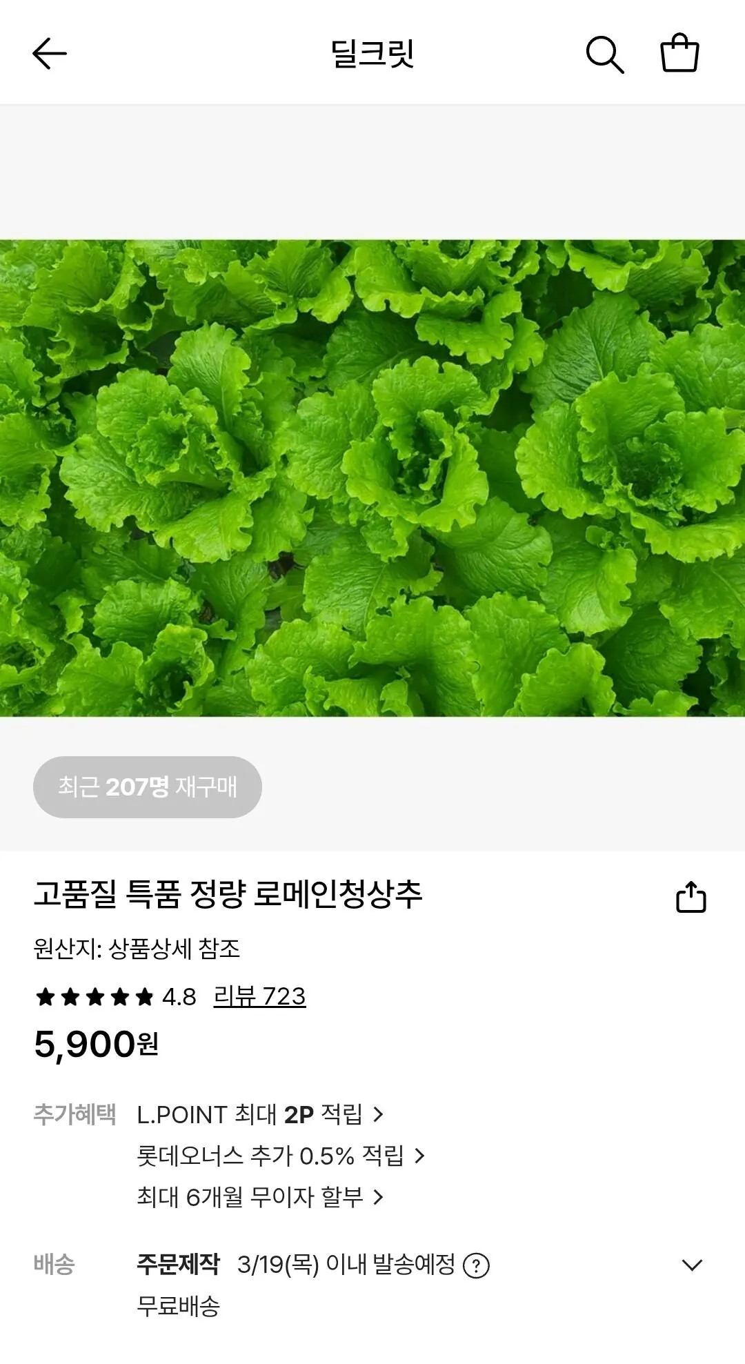 [롯데온] 로메인청상추 1kg (5,900원) (무료)