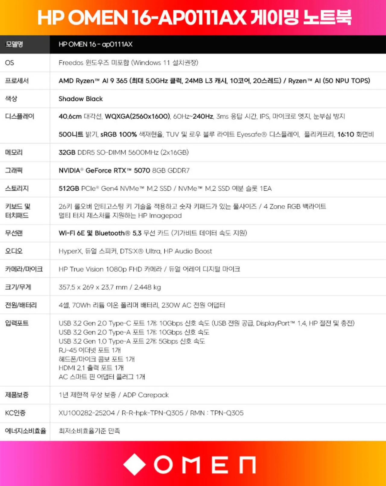 112091.jpg [G마켓] HP OMEN 16 라이젠AI9 365   5070   D5 32GB   512GB (2,099,000원) (무료)